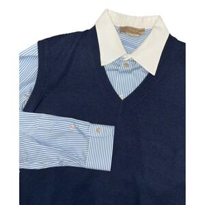 Gucci Shirt Men's 17.5 Blue Striped And Vest 3XL Navy Wool Uniform Slim Fit
